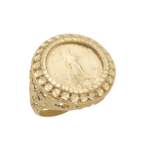 10K Yellow Gold Liberty Coin Ring For Men St. Gaudens Double Eagle Liberty Coin Ring Diamond Cut Frame 9.2 g