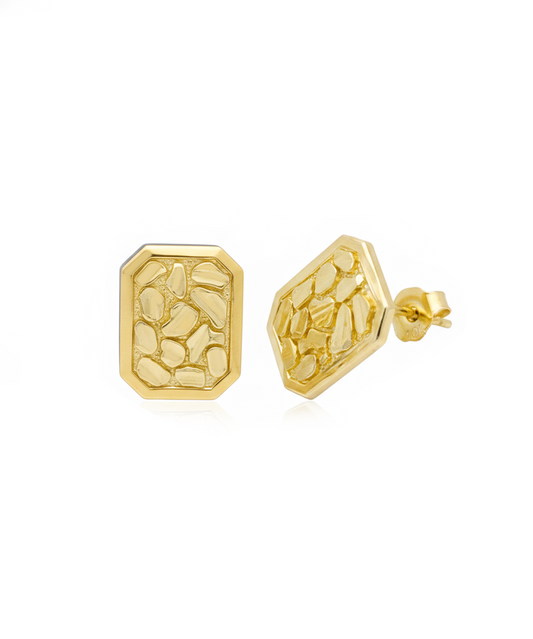 10K Gold Nugget Earrings for Men & Women, Real Yellow Gold Octagon Rectangular Studs, Hip Hop Jewelry