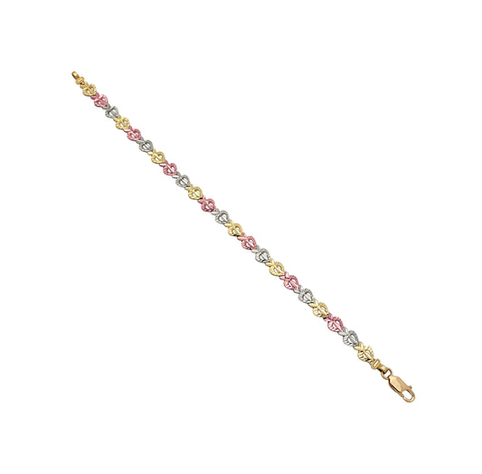 10K Tri Color Gold Heart Link Bracelet 6 mm Heart Bracelet For Women 7.25 inch