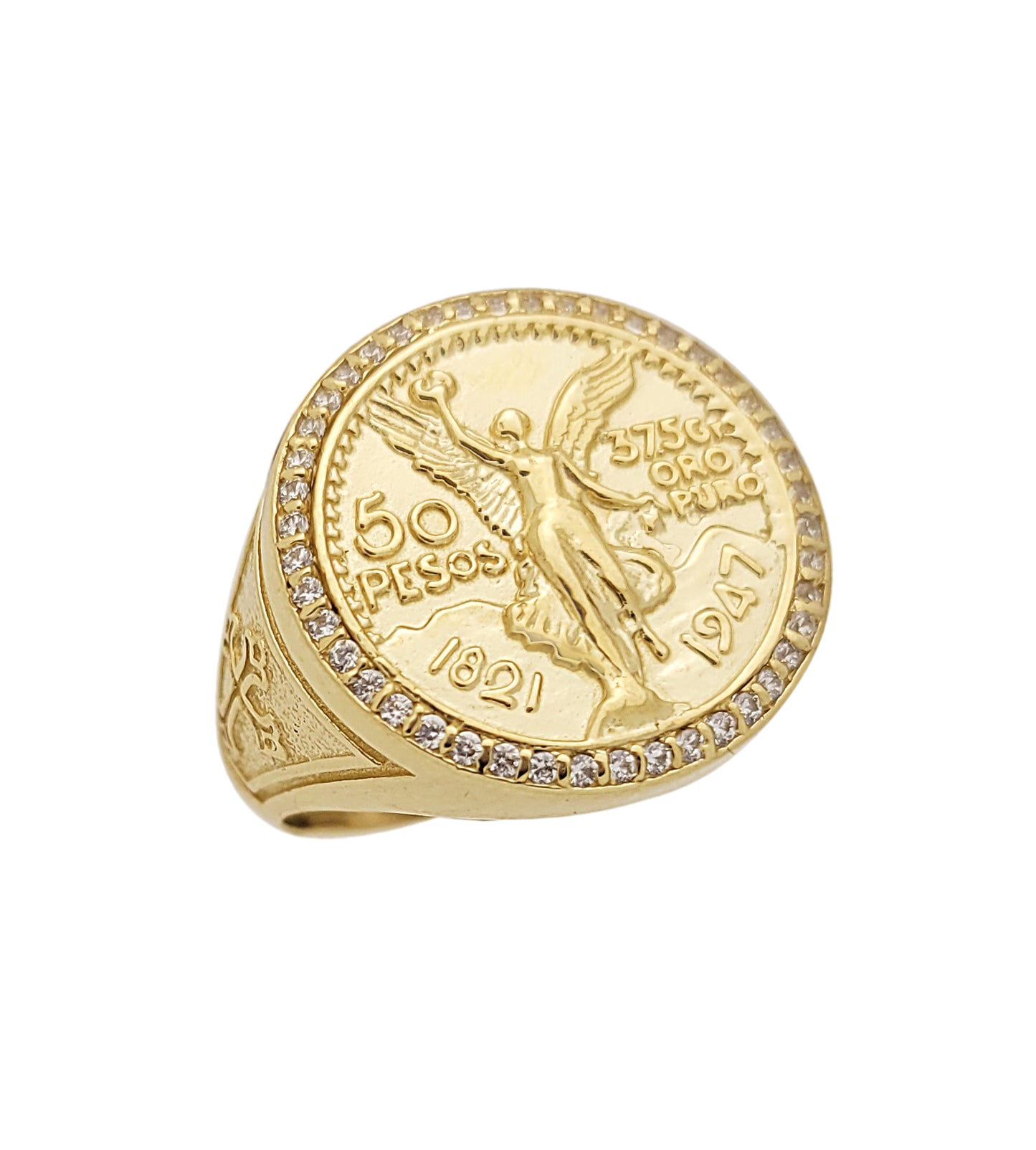 10K Yellow Gold 50 Pesos 1821 Coin Ring CZ Ring