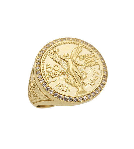10K Yellow Gold 50 Pesos 1821 Coin Ring CZ Ring