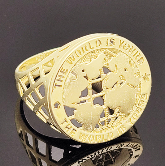 10K Yellow Gold Men's World Map Ring Globe Ring