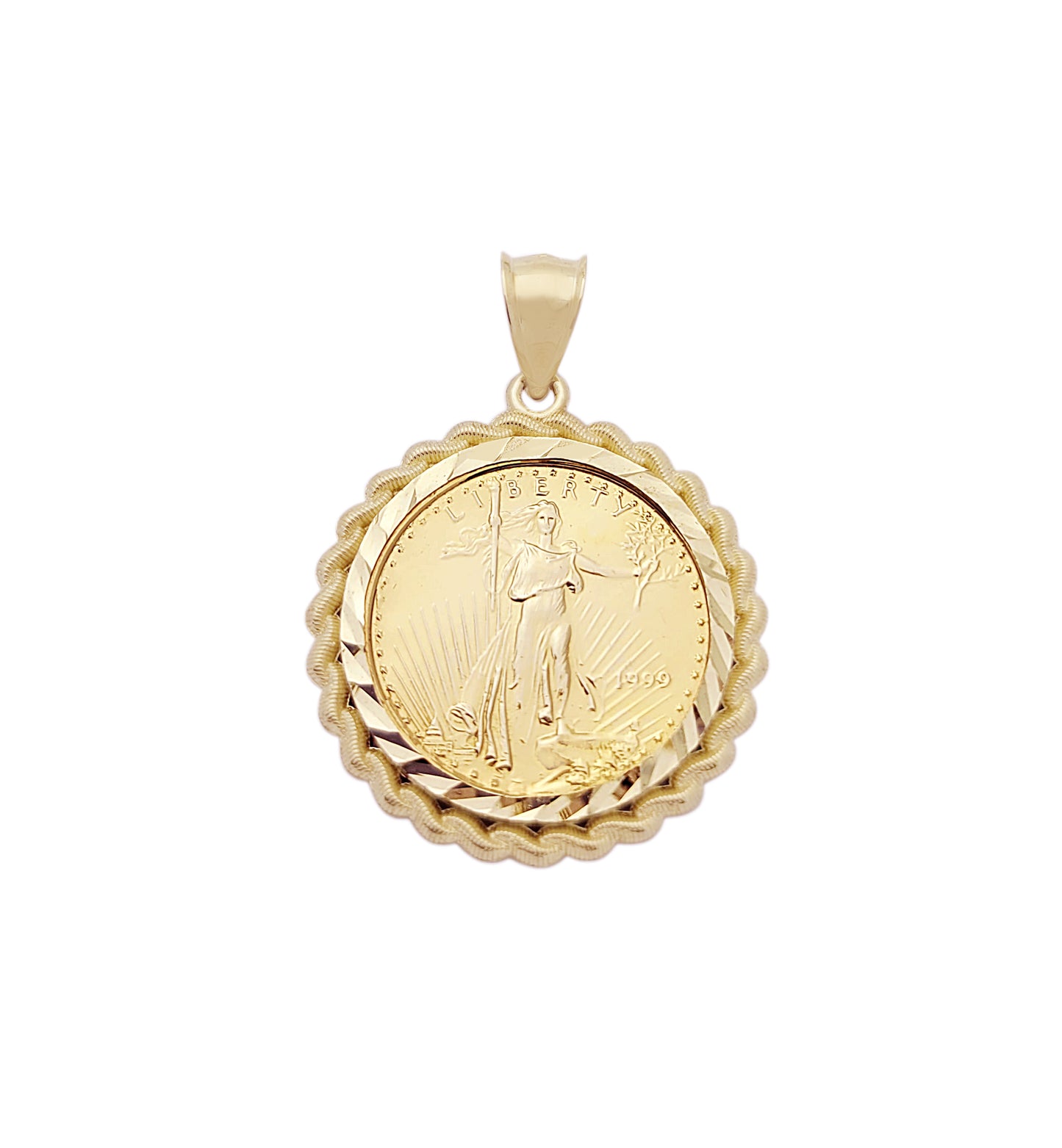 10K Yellow Gold Mens Walking Liberty Coin Pendant Rope Frame