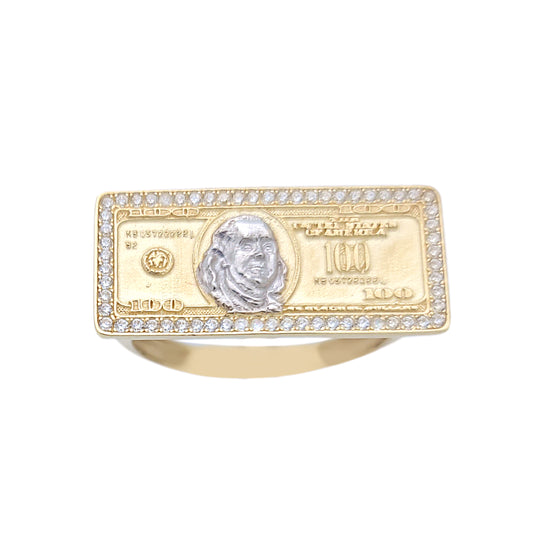 10K Yellow Gold Hundred Dollar Bill Ring Benjamin Franklin Ring CZ Ring