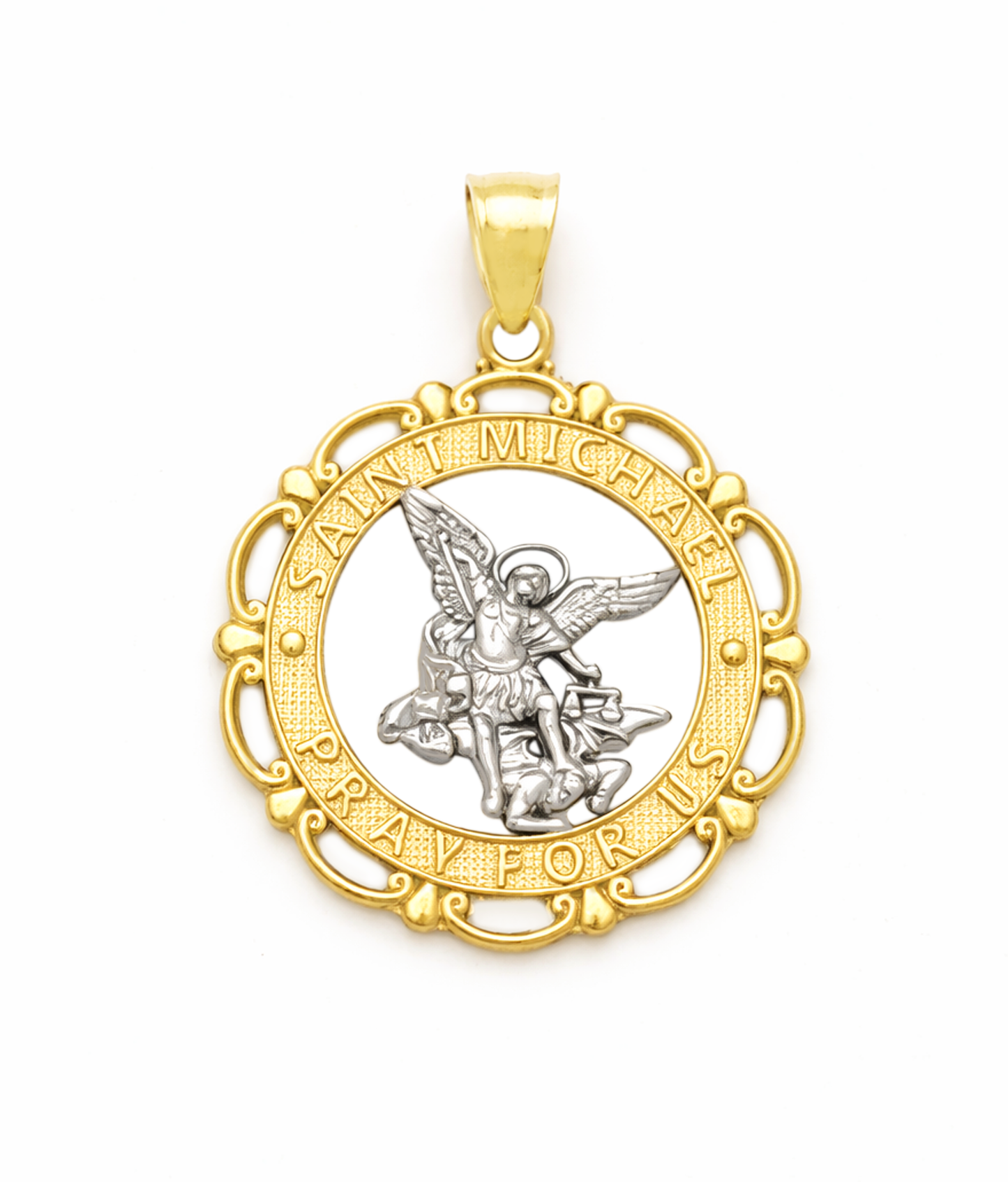 10K Gold St. Michael Pendant Necklace for Men, Catholic Archangel Saint Michael Medal, Two Tone Religious Charm