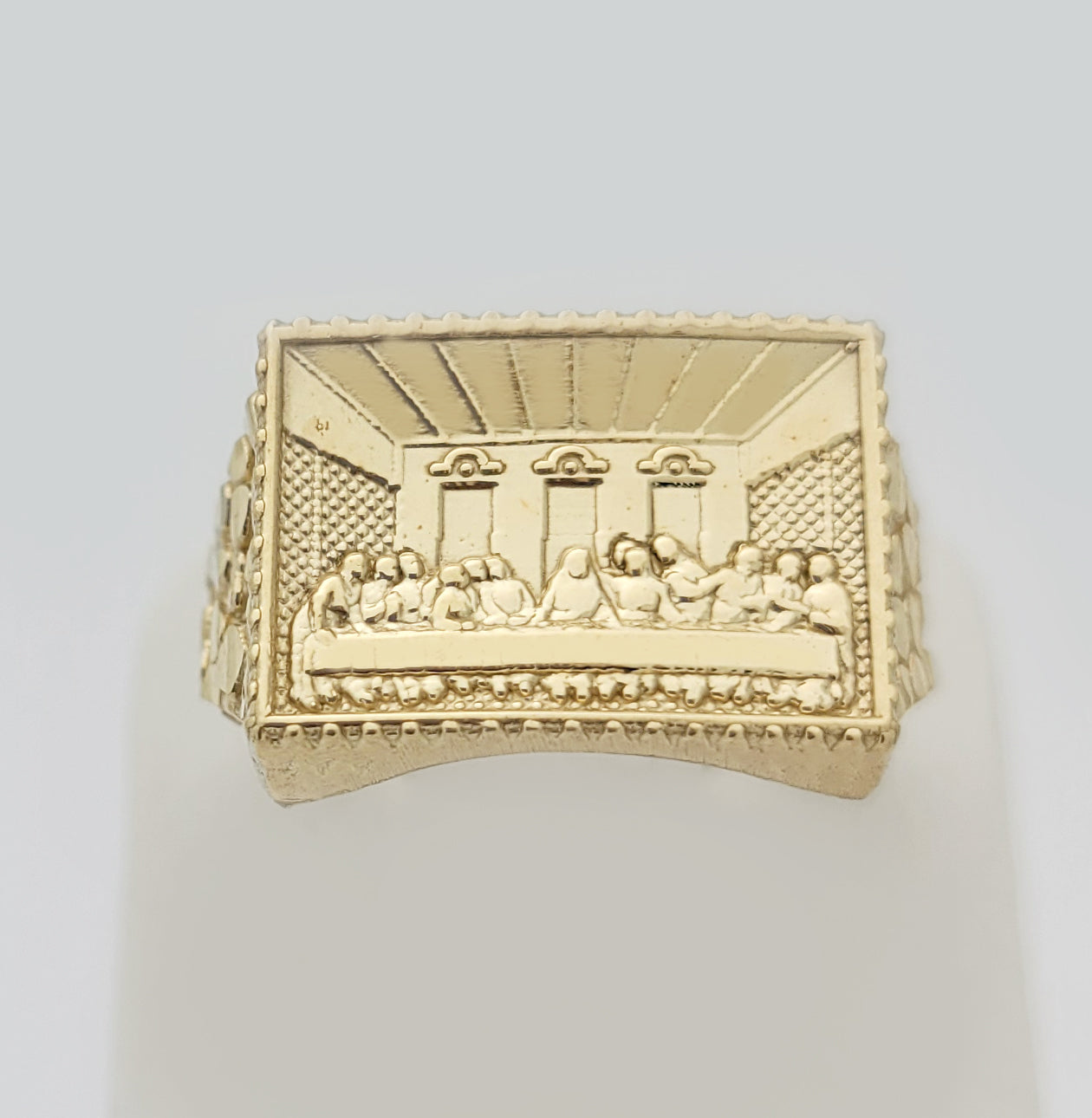 10K Yellow Gold Thin Last Supper Ring For Men Size 10.5