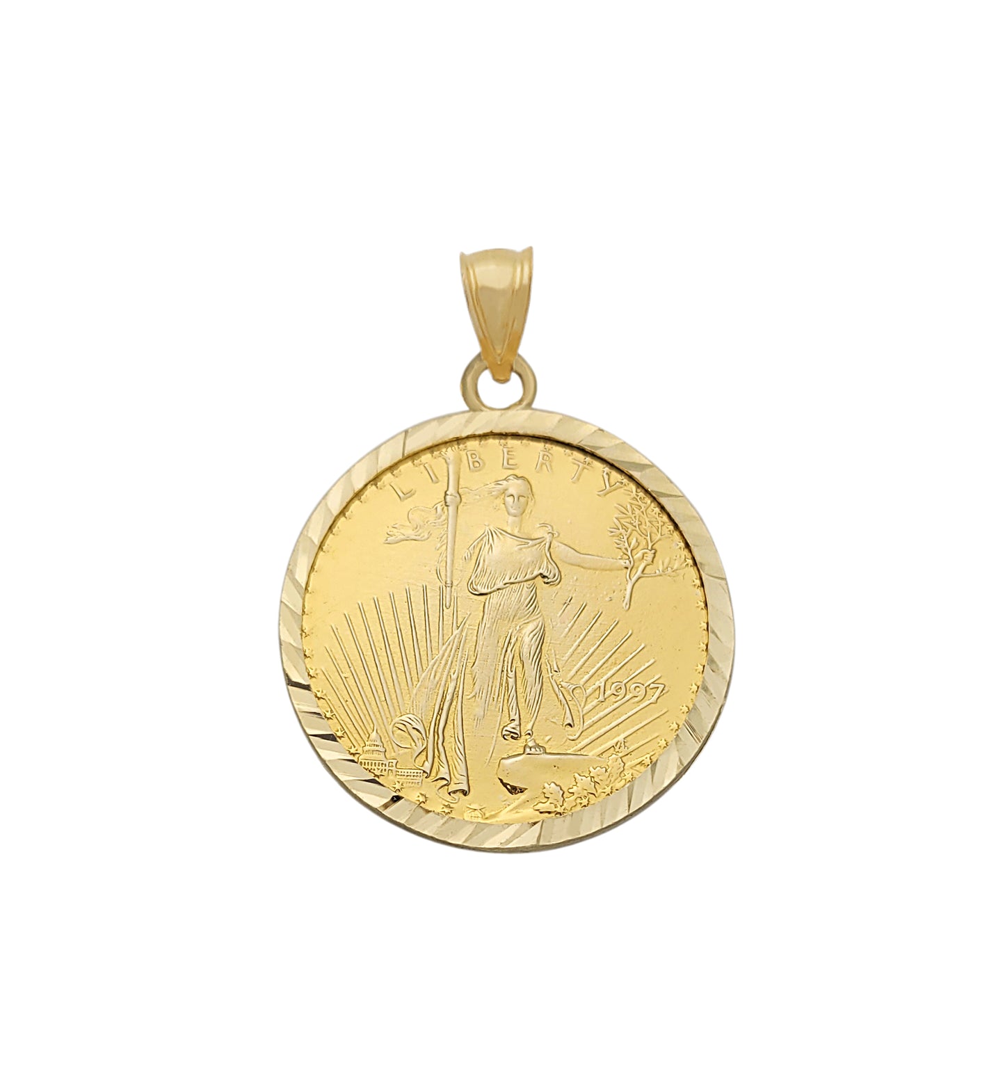 10K Yellow Gold Walking Liberty Coin Pendant Diamond Cut Bezel 1.1 inch Diameter