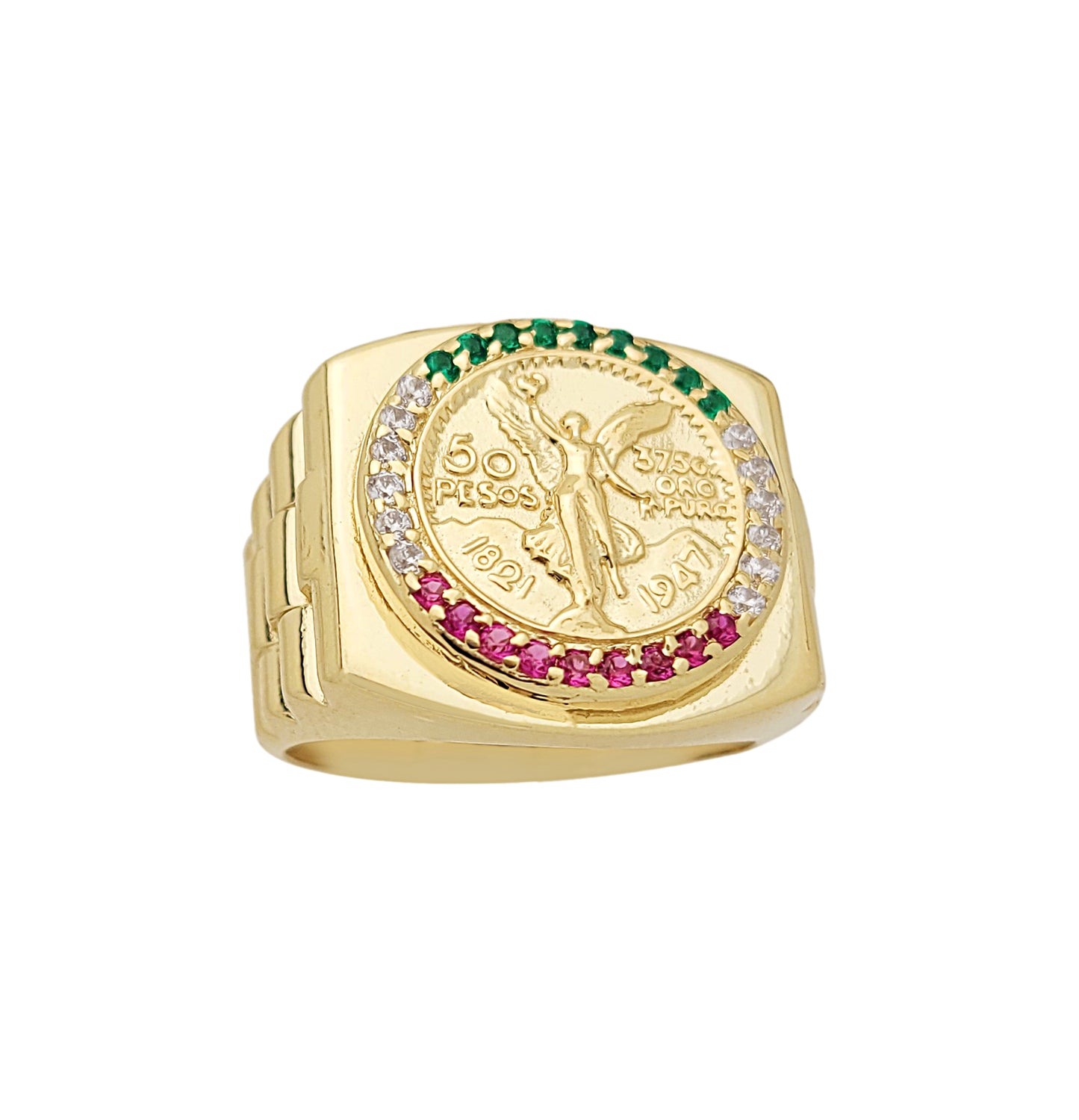10K Yellow Gold 50 Pesos Coin Ring Nugget Gold Ring Mexican Flag Color Ring 7.5 g