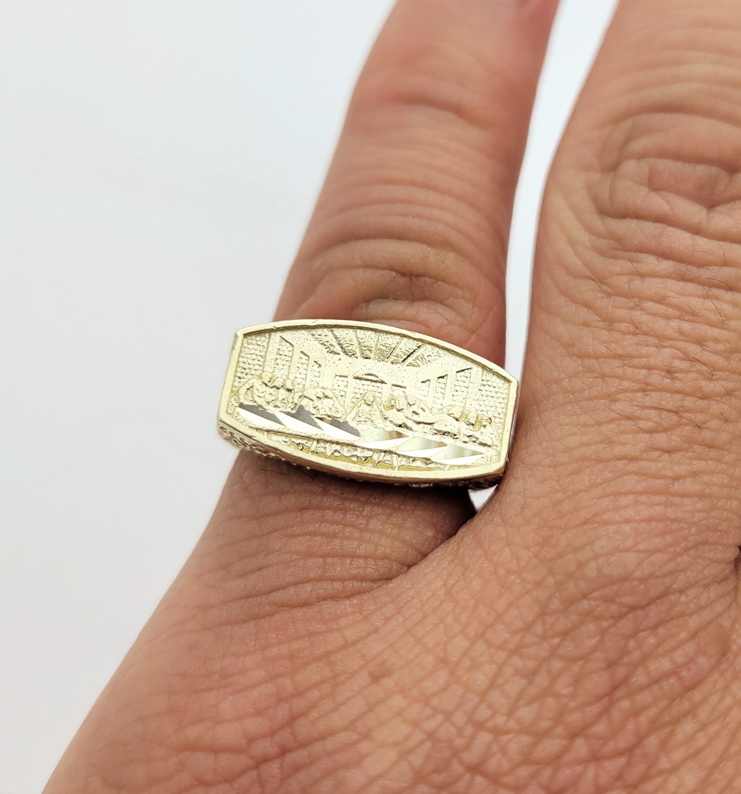 10K Yellow Gold Last Supper Ring Mens Last Supper Solid Gold Ring Size 7