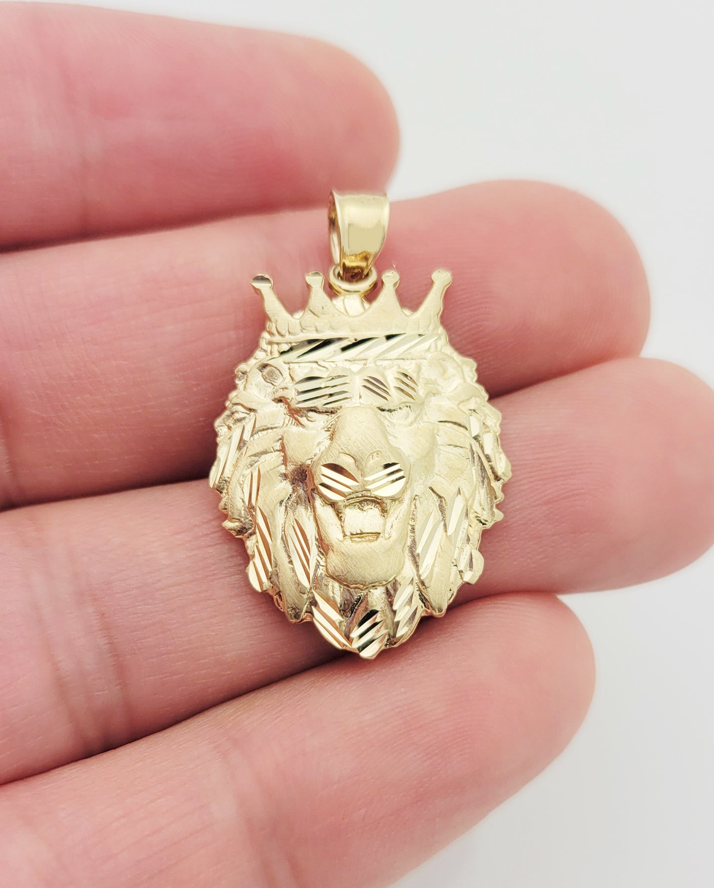 10K Yellow Gold Crown Lion Face Charm Pendant Lion Head Crown 1.2 in x 0.75 in