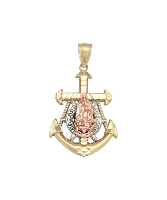 10K Tri Tone Gold Mariners Anchor Charm Guadalupe Cross Pendant