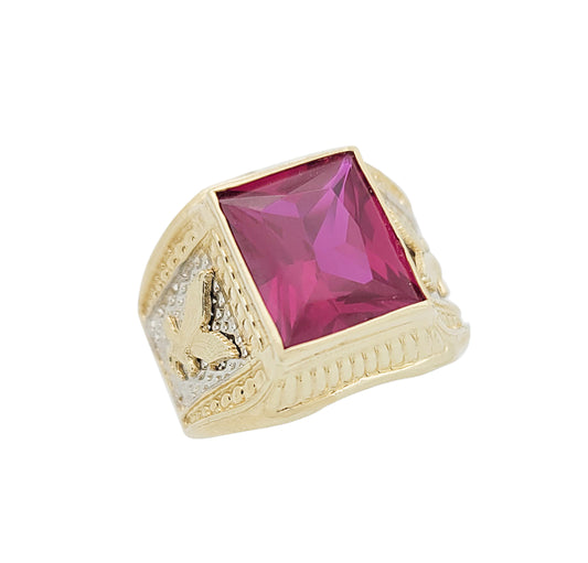 10K Yellow Gold Mens Emerald Cut Red Stone Ring Eagle On the Side American Eagle Ring