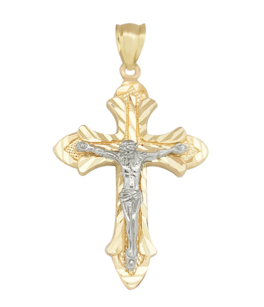 Mens 10k Yellow White Gold Cross Pendant Diamond Cut
