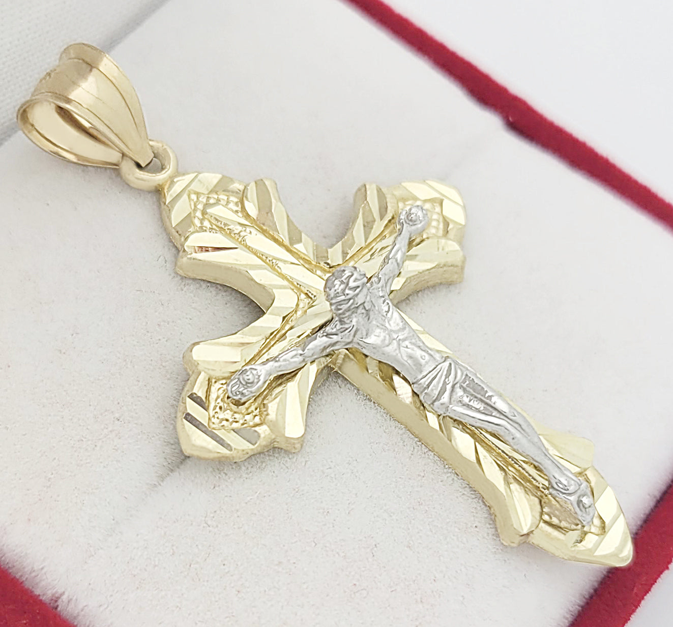 Mens 10k Yellow White Gold Cross Pendant Diamond Cut