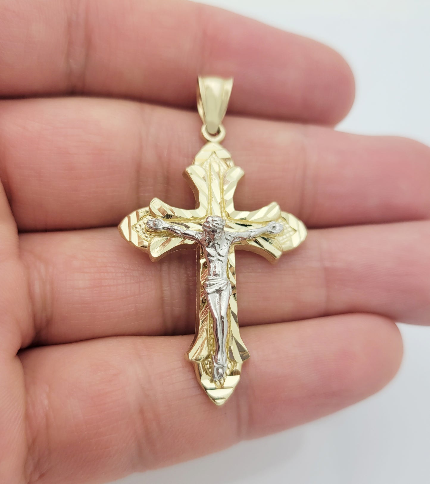 Mens 10k Yellow White Gold Cross Pendant Diamond Cut