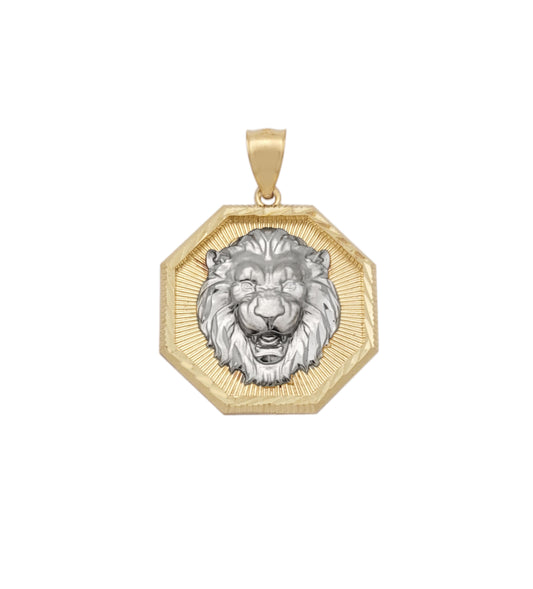 10K Yellow Gold Lion Pendant Octagon Lion Face Medallion