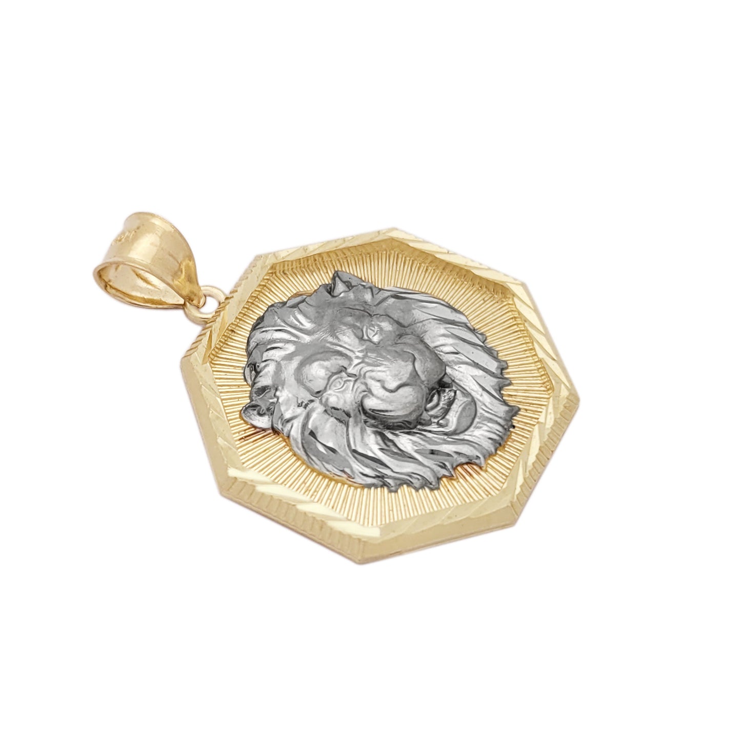 10K Yellow Gold Lion Pendant Octagon Lion Face Medallion