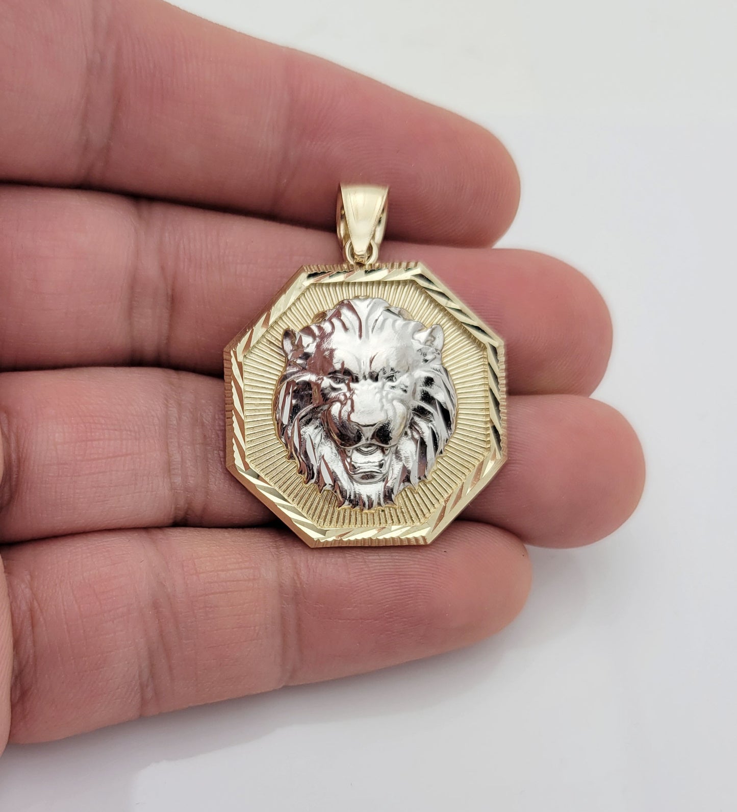 10K Yellow Gold Lion Pendant Octagon Lion Face Medallion