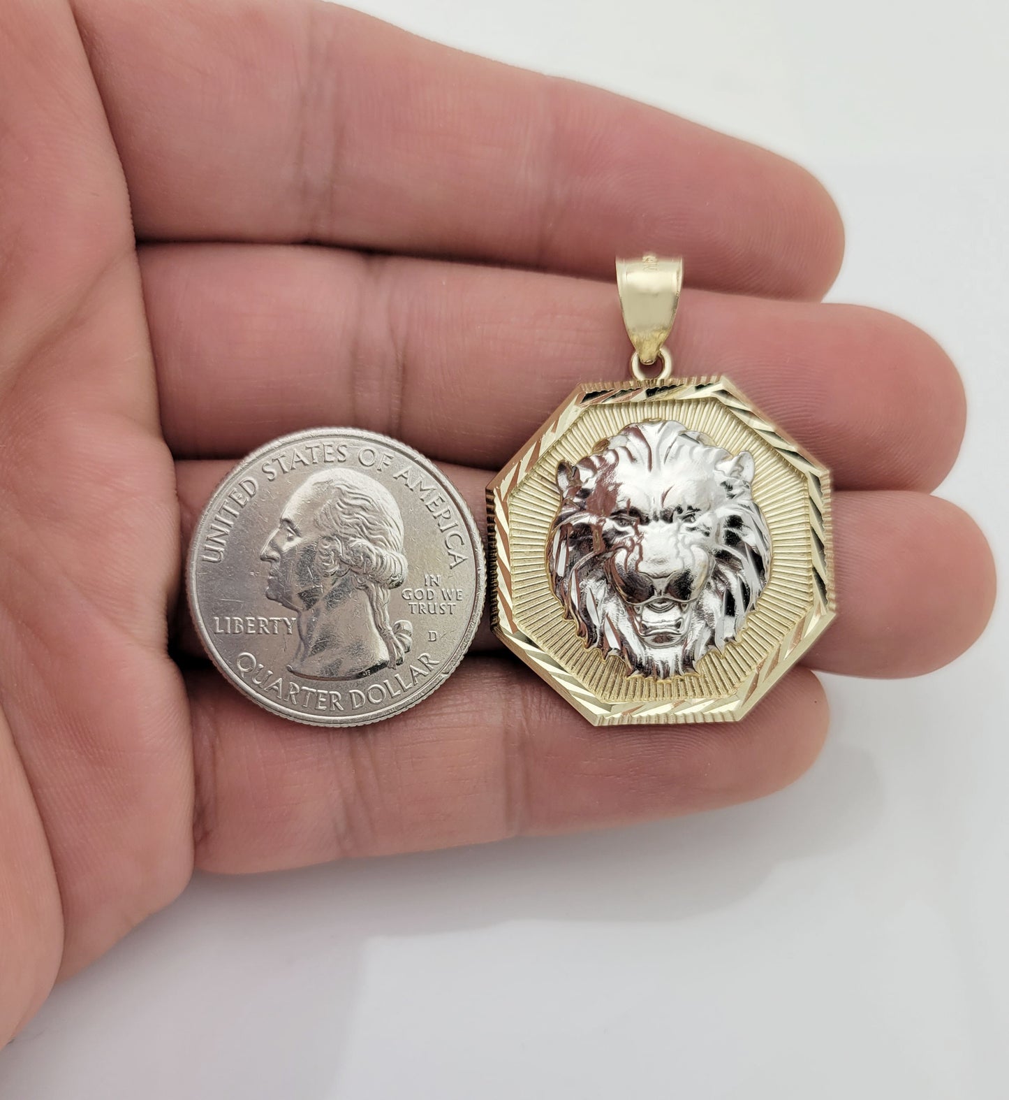 10K Yellow Gold Lion Pendant Octagon Lion Face Medallion