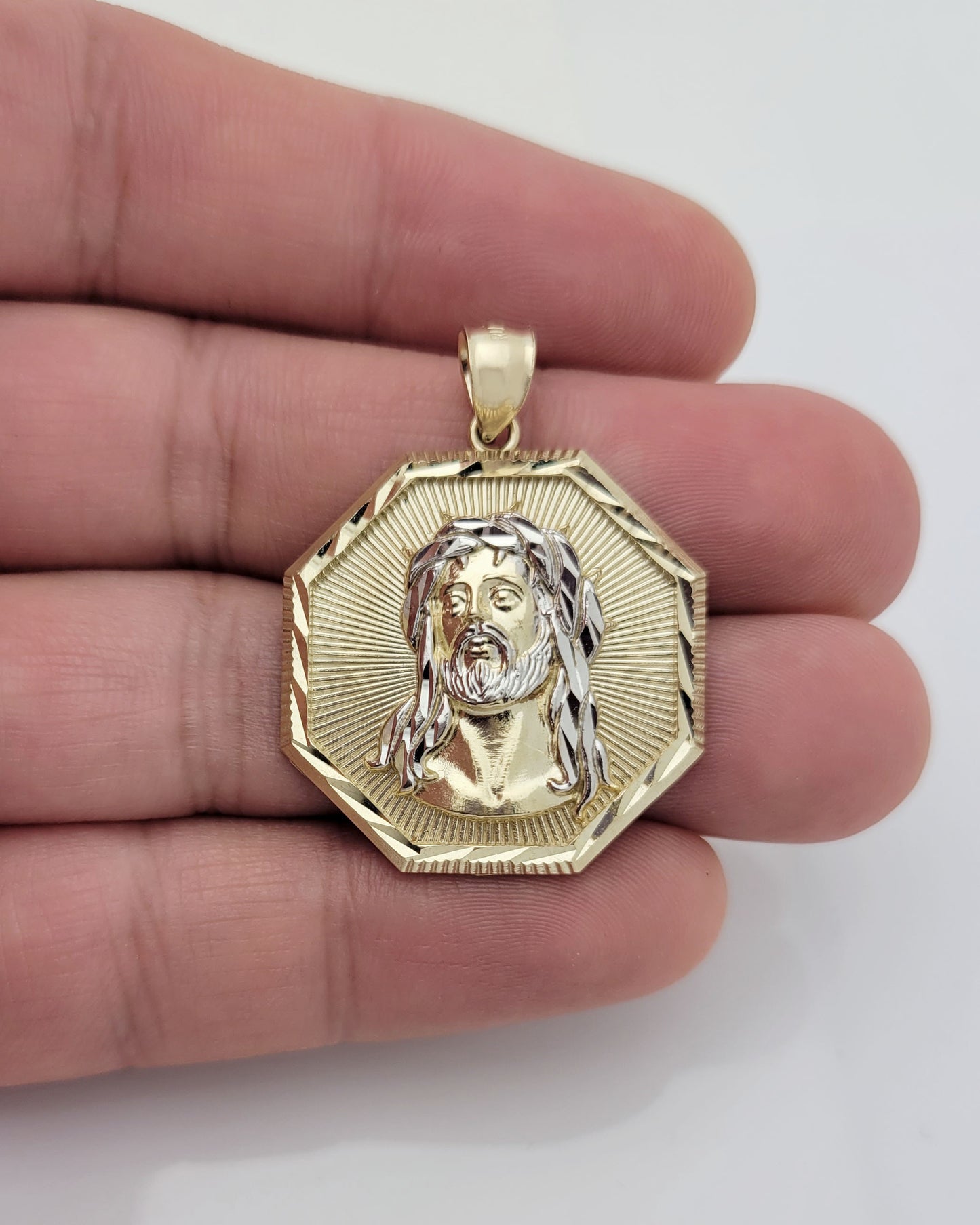 Men's 10k Yellow Gold Jesus Face Medallion Jesus Charm Octagon Pendant