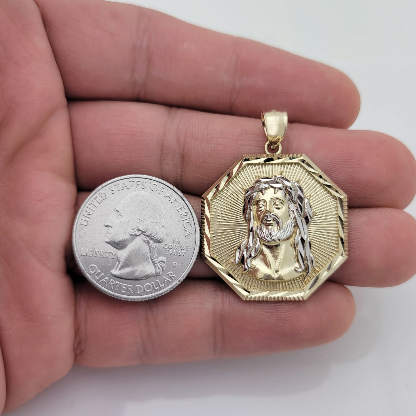 Men's 10k Yellow Gold Jesus Face Medallion Jesus Charm Octagon Pendant