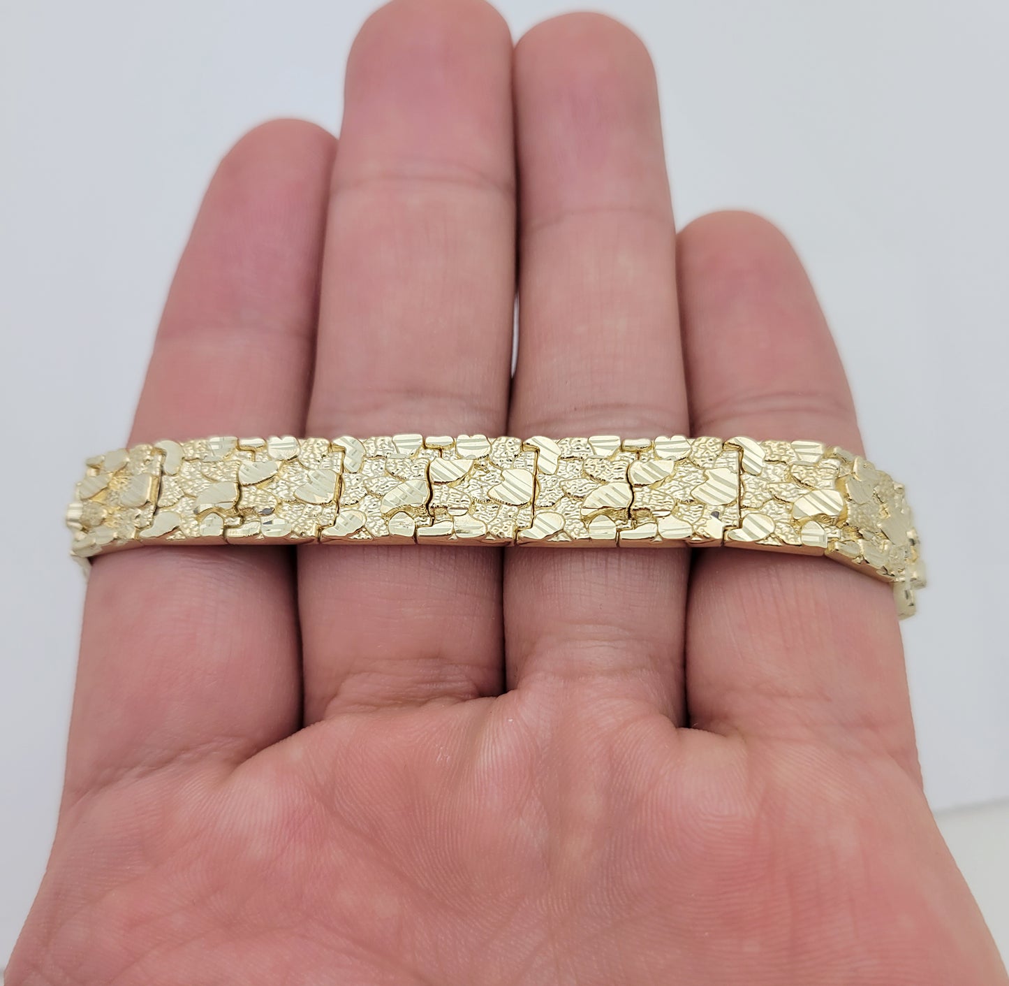 10K Yellow Gold Nugget Bracelet For Men 10 mm 8.75 inch