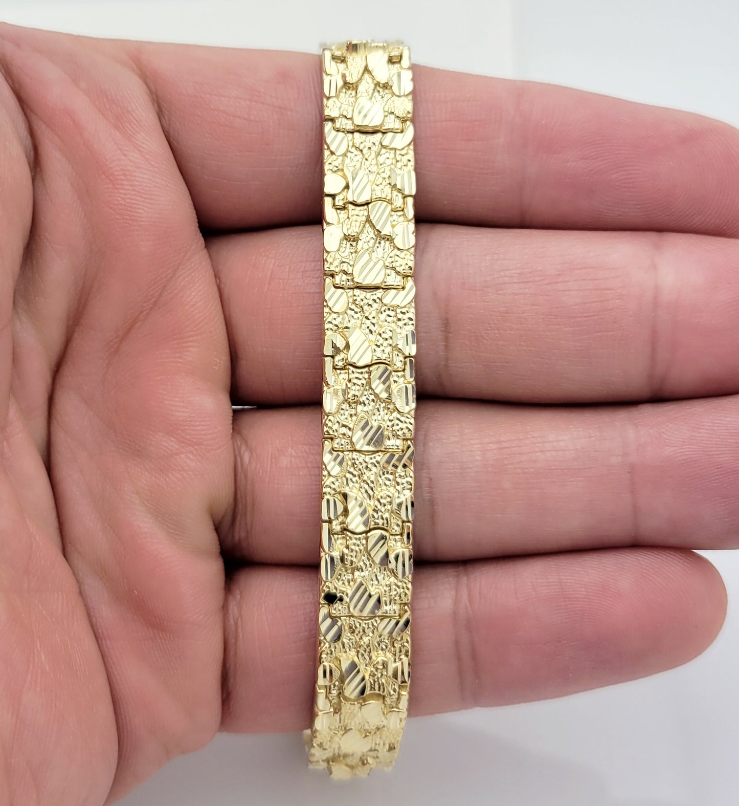 10K Yellow Gold Nugget Bracelet For Men 10 mm 8.75 inch