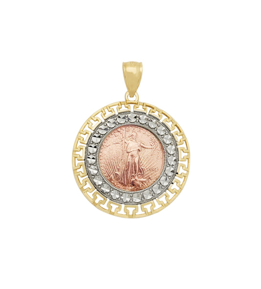 10K Yellow & Rose Gold Walking Liberty Coin And Bezel Pendant