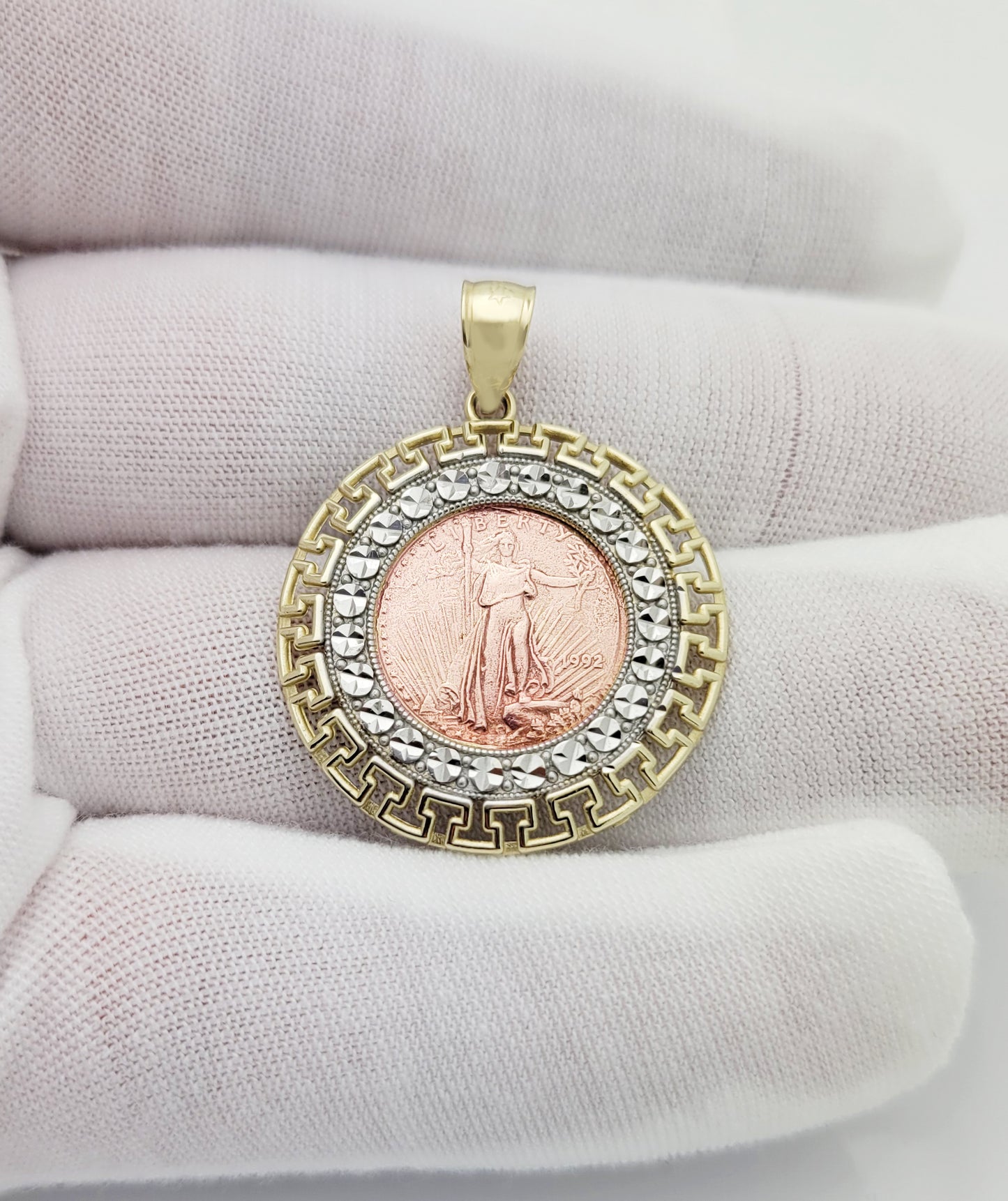 10K Yellow & Rose Gold Walking Liberty Coin And Bezel Pendant