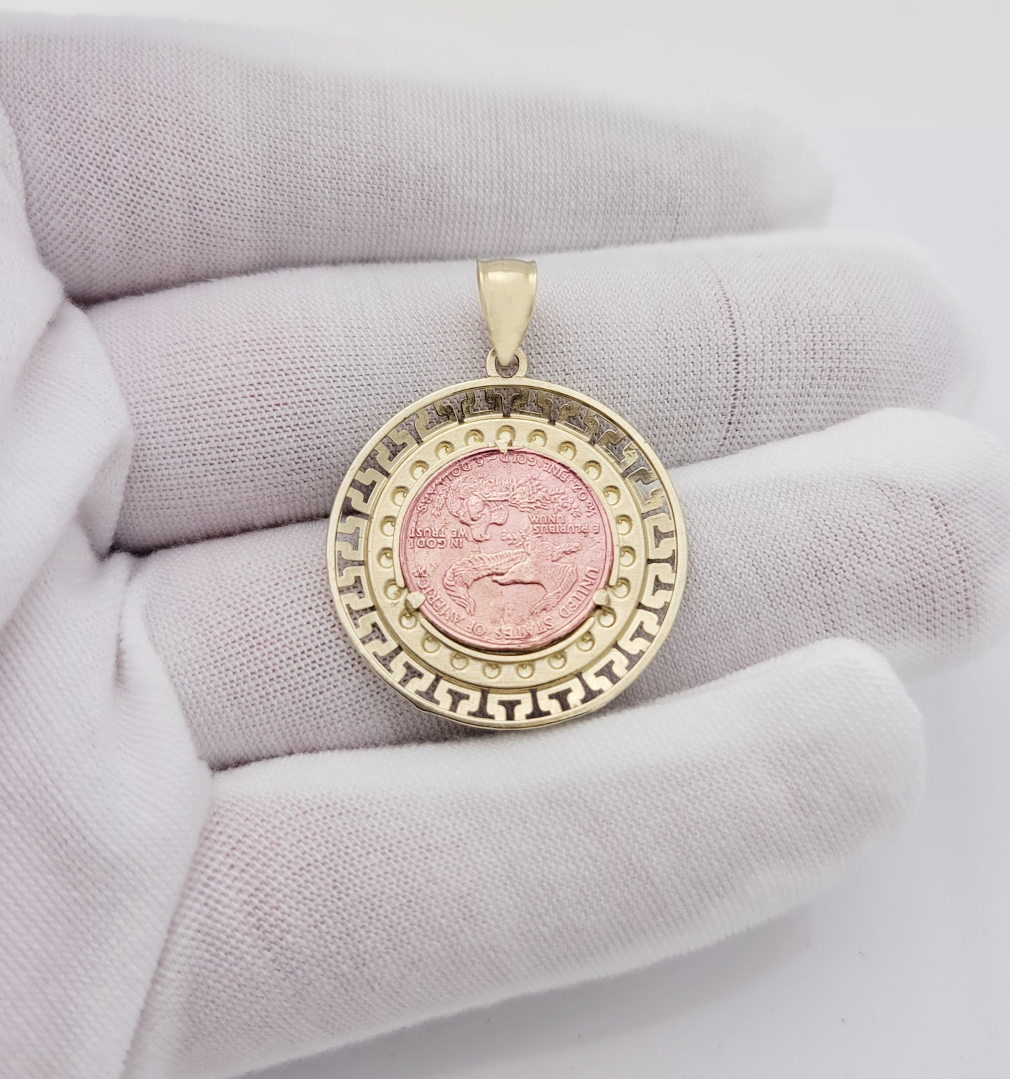 10K Yellow & Rose Gold Walking Liberty Coin And Bezel Pendant