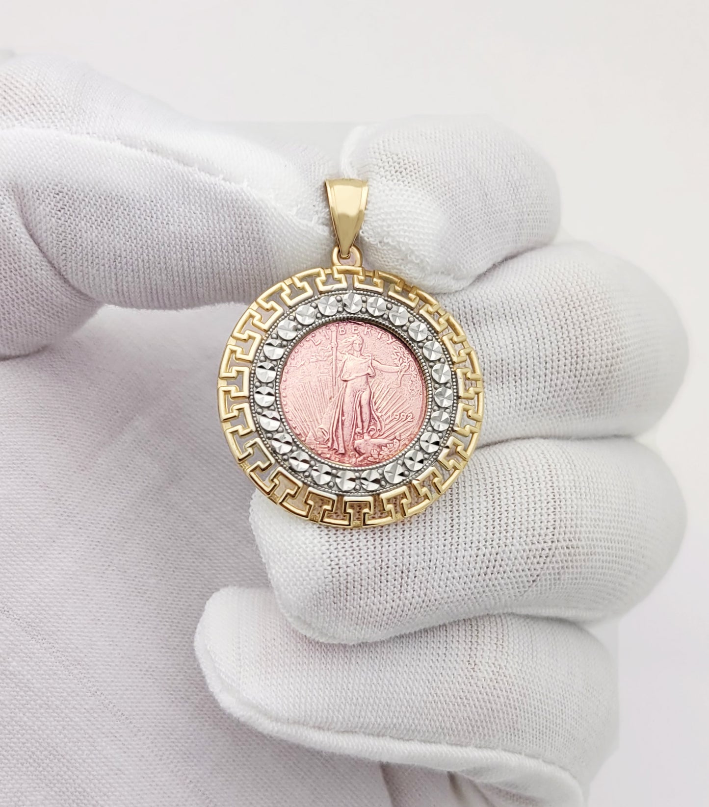 10K Yellow & Rose Gold Walking Liberty Coin And Bezel Pendant