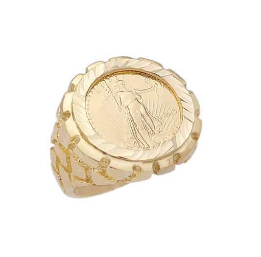 10K Yellow Gold Liberty Coin Ring For Men St. Gaudens Double Eagle Liberty Coin Gold Nugget Ring