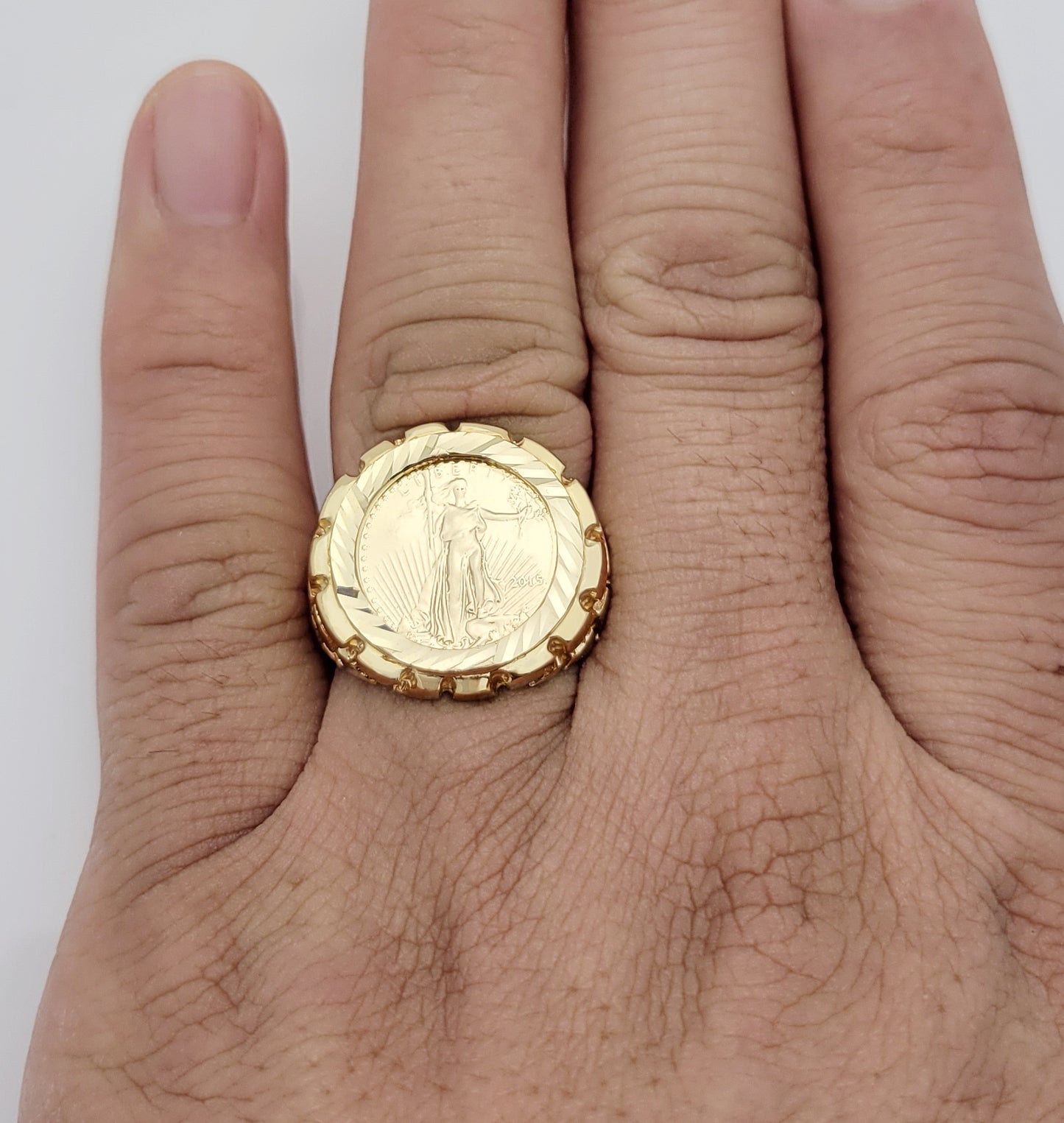 10K Yellow Gold Liberty Coin Ring For Men St. Gaudens Double Eagle Liberty Coin Gold Nugget Ring