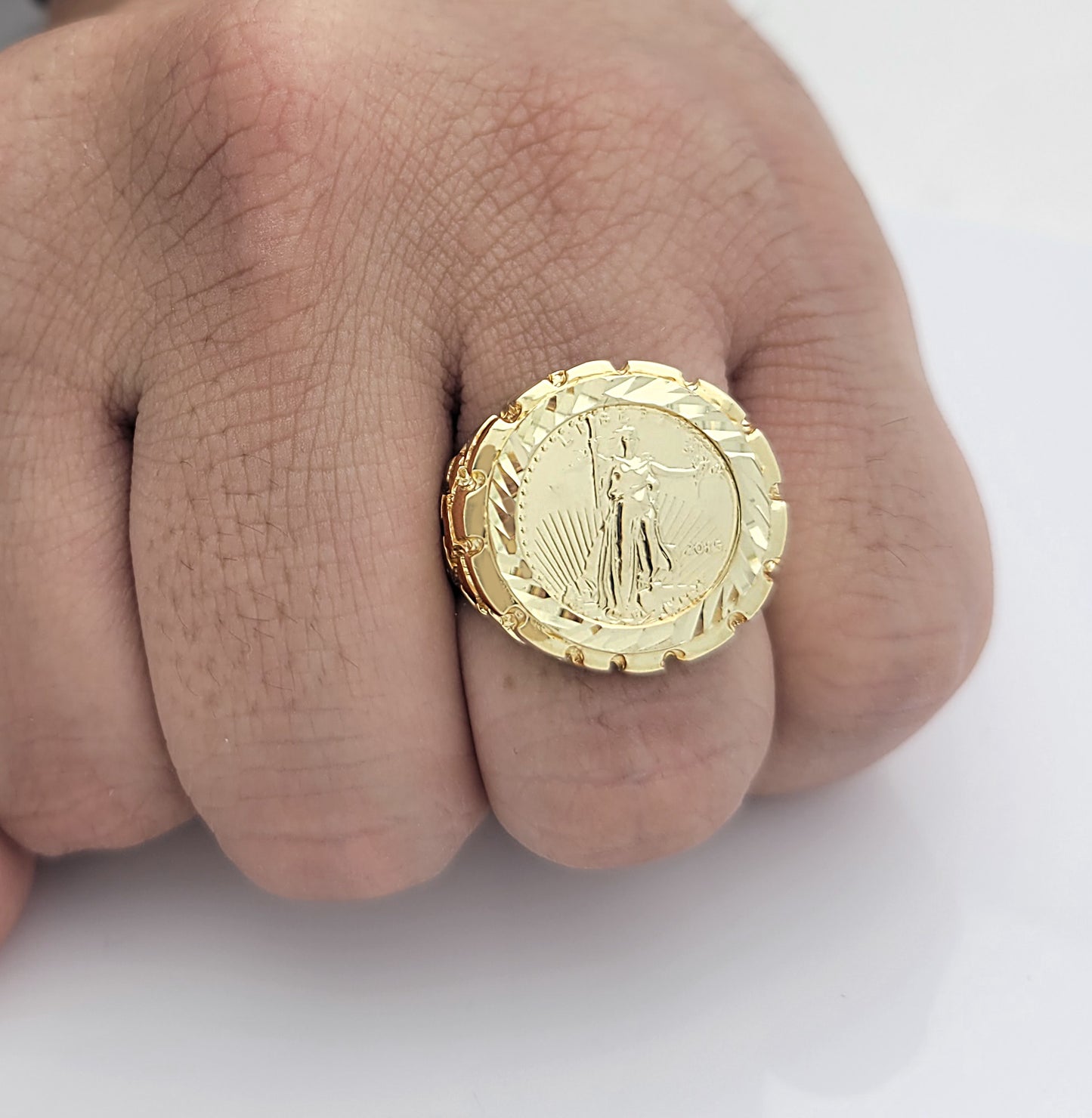 10K Yellow Gold Liberty Coin Ring For Men St. Gaudens Double Eagle Liberty Coin Gold Nugget Ring