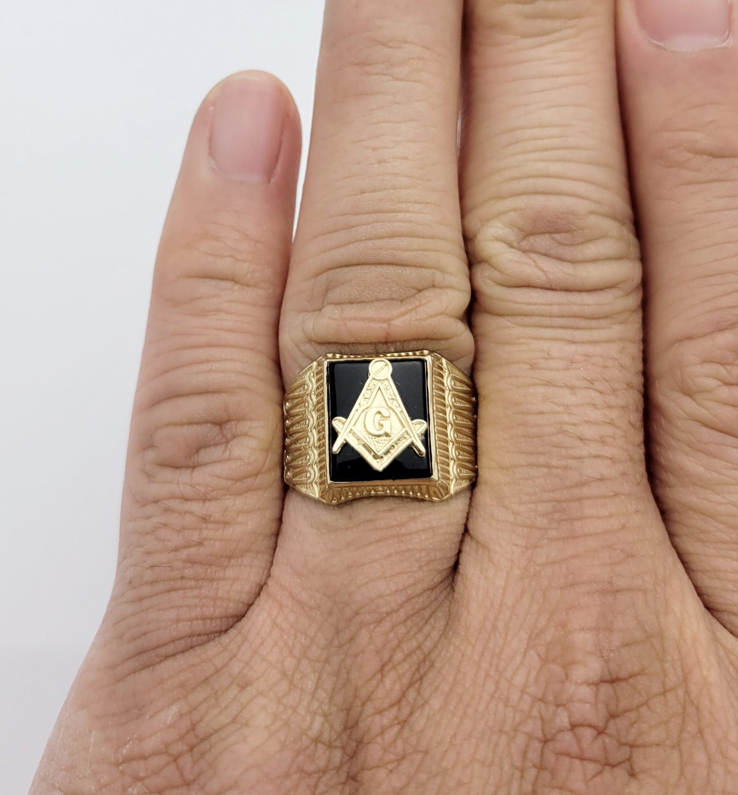 Men's 10K Yellow Gold Masonic Ring Freemason Ring Onyx Ring