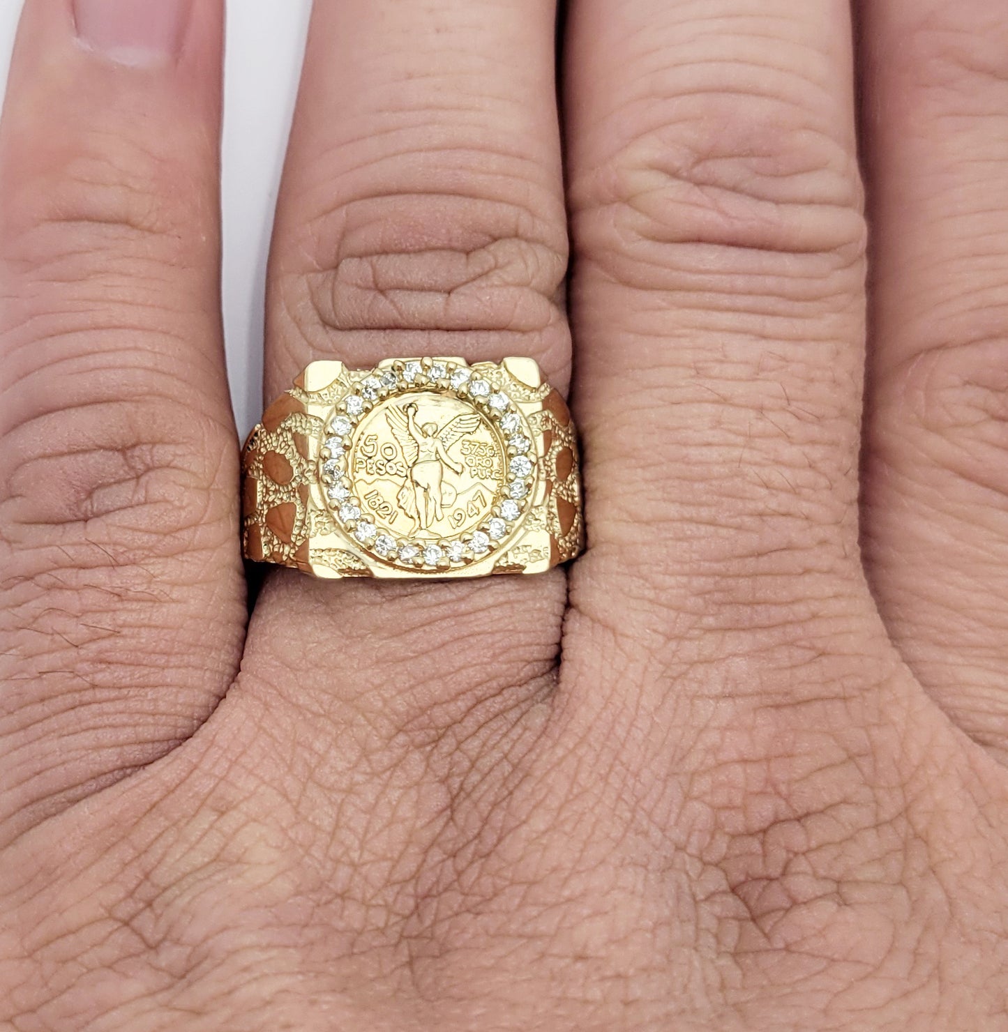 10K Yellow Gold 50 Pesos 1821 Coin Ring Nugget Gold Coin Ring