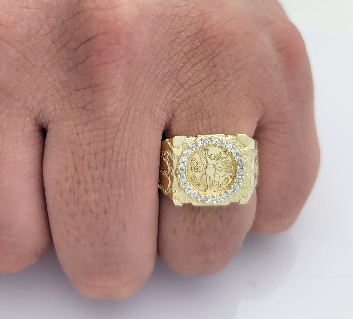 10K Yellow Gold 50 Pesos 1821 Coin Ring Nugget Gold Coin Ring