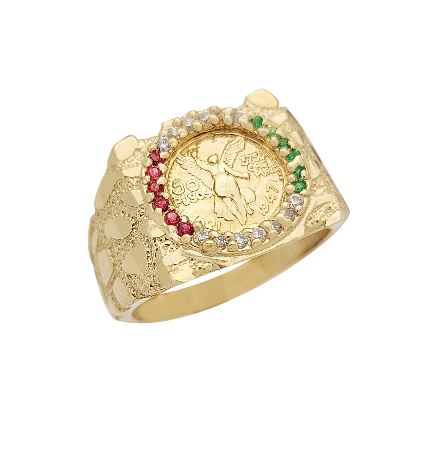 10K Yellow Gold 50 Pesos 1821 Coin Ring Nugget Gold Coin Ring Mexican Flag Color Ring