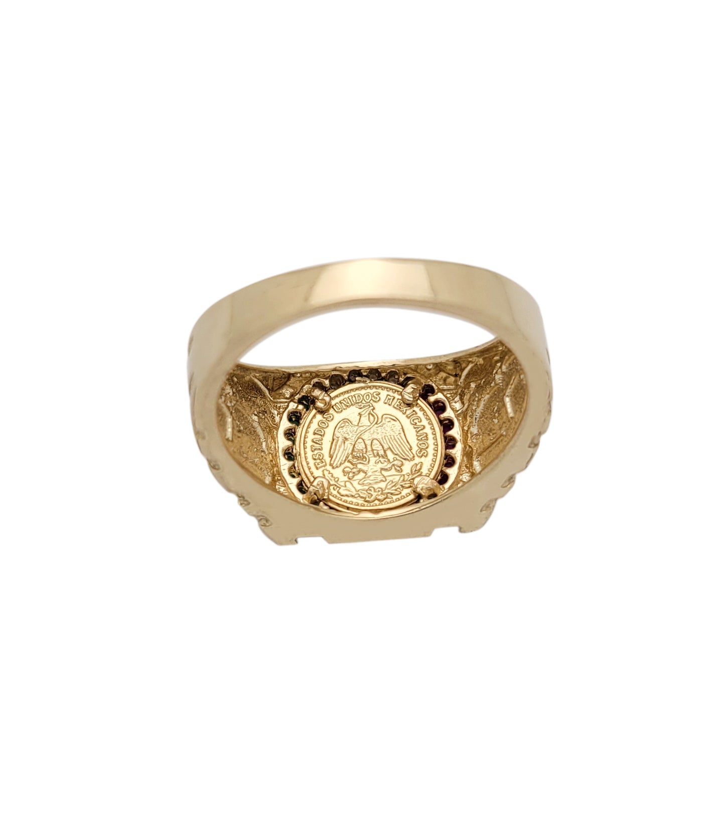 10K Yellow Gold 50 Pesos 1821 Coin Ring Nugget Gold Coin Ring Mexican Flag Color Ring