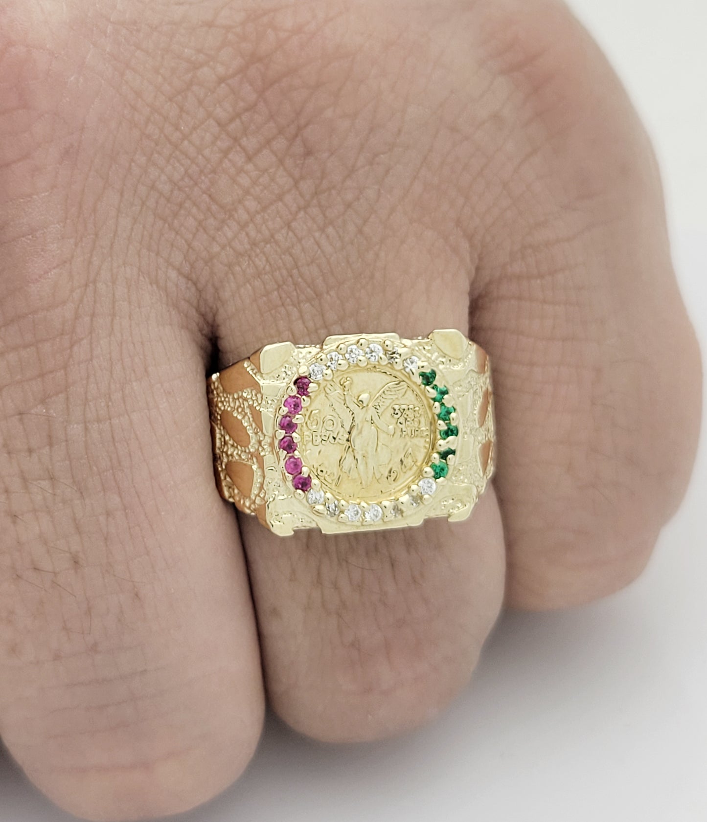 10K Yellow Gold 50 Pesos 1821 Coin Ring Nugget Gold Coin Ring Mexican Flag Color Ring