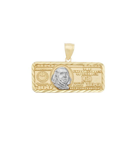 Mens 10K Yellow Gold Hundred Dollar Bill Pendant Benjamin Franklin 1.3 inch