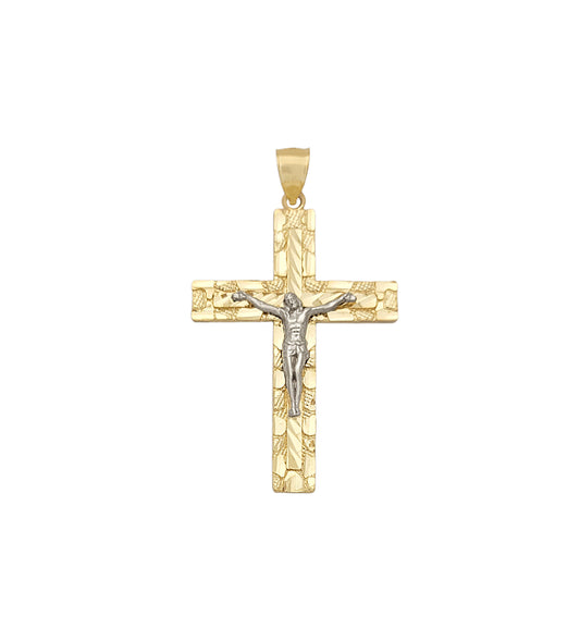 10k Yellow And White Gold Nugget Cross Necklace Pendant