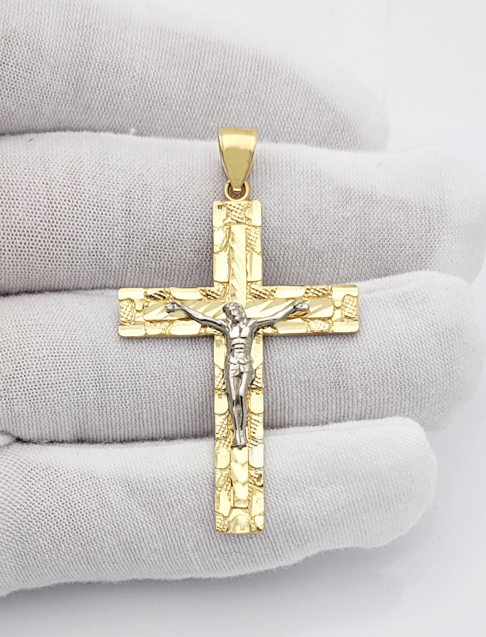 10k Yellow And White Gold Nugget Cross Necklace Pendant