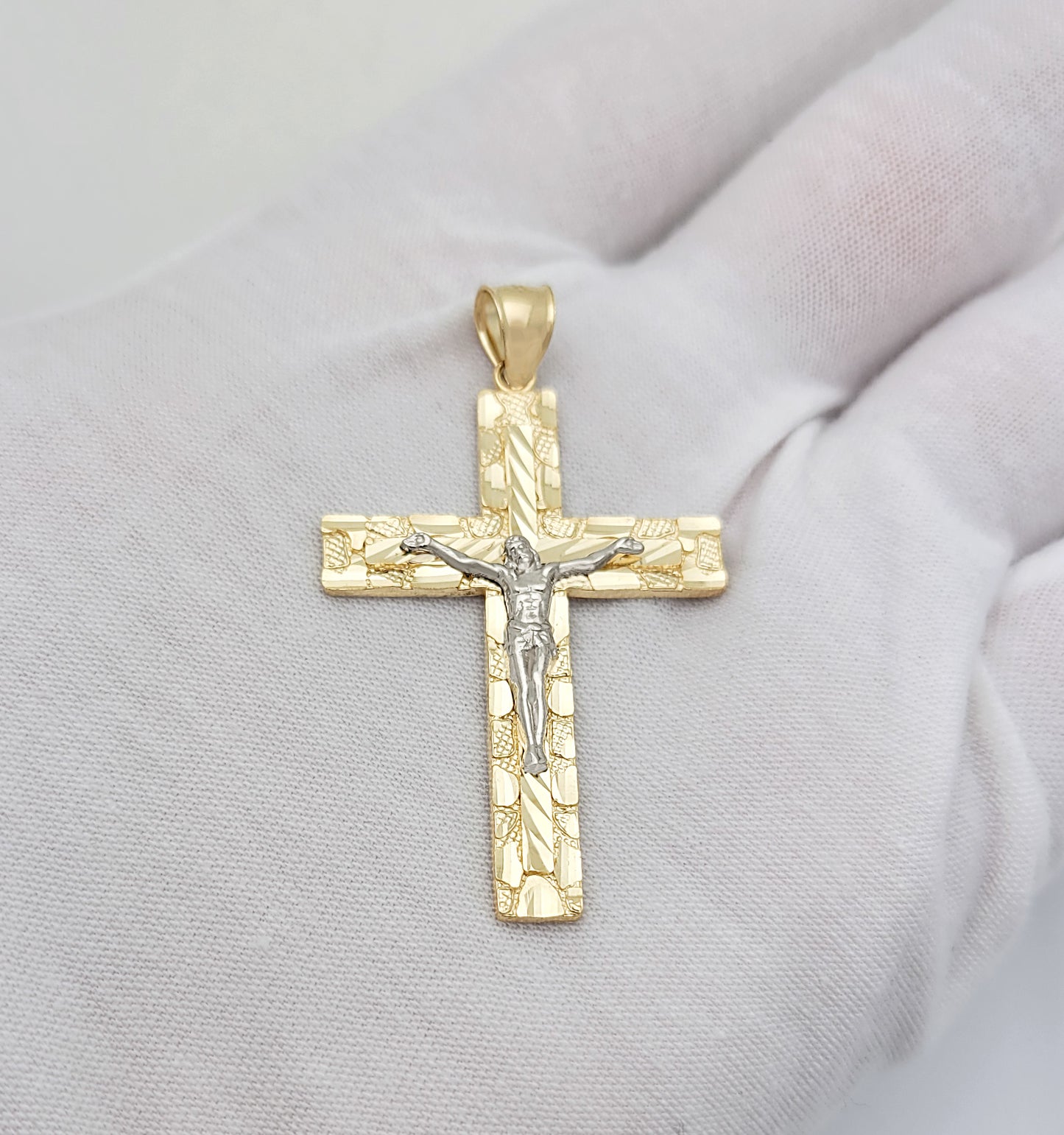 10k Yellow And White Gold Nugget Cross Necklace Pendant