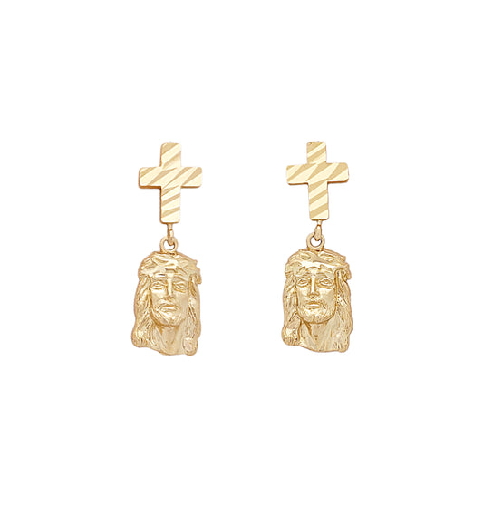 10K Yellow Gold Jesus and Cross Earrings Jesus Face