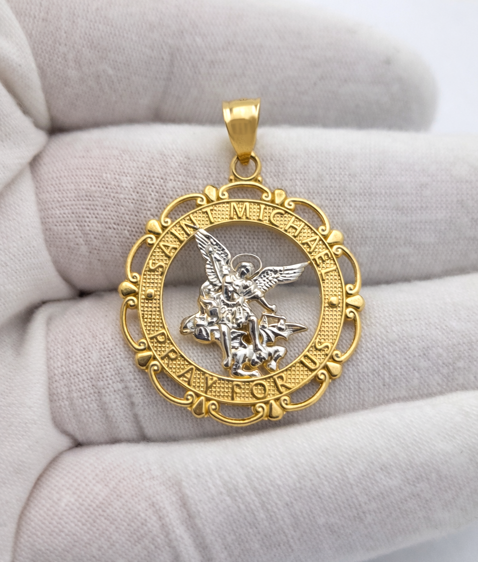 10K Gold St. Michael Pendant Necklace for Men, Catholic Archangel Saint Michael Medal, Two Tone Religious Charm