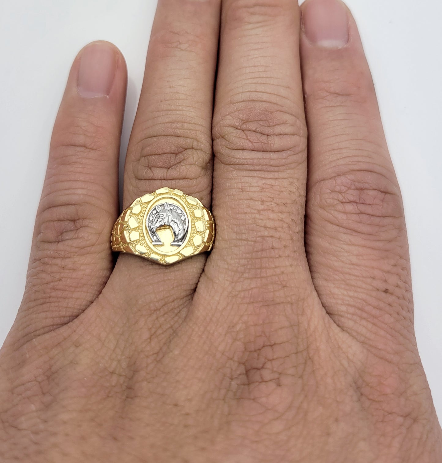 10K Solid Gold Horseshoe Ring Mens Gold Nugget Ring Oval Shape