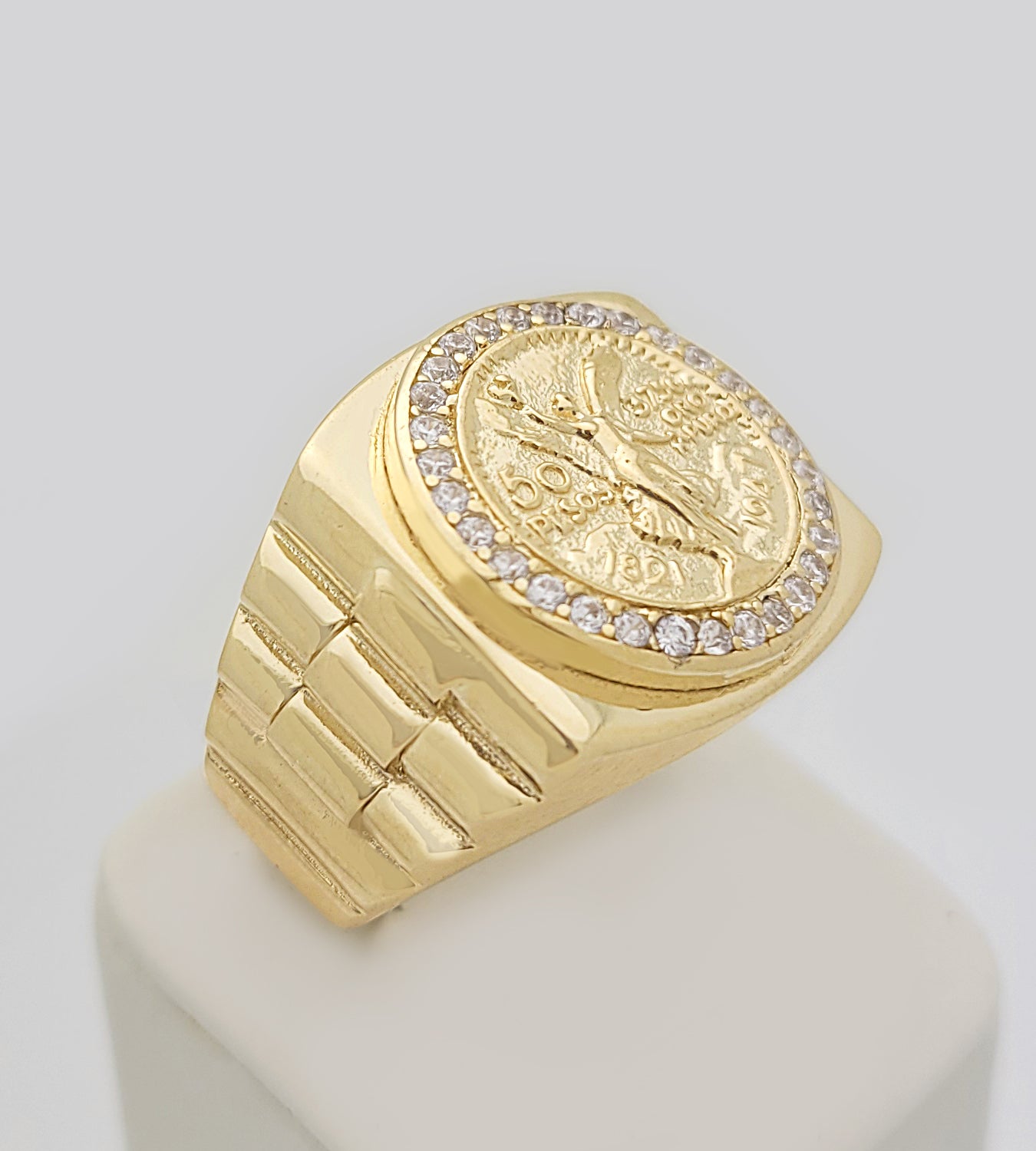 10K Yellow Gold 50 Pesos 1821 Coin Ring CZ Ring 7.5 g