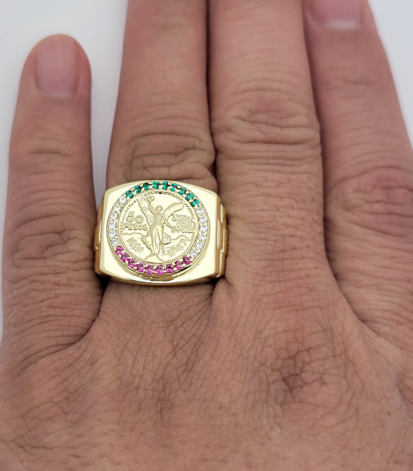 10K Yellow Gold 50 Pesos Coin Ring Nugget Gold Ring Mexican Flag Color Ring 7.5 g
