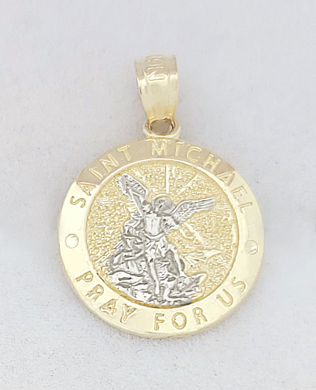 10K Gold St. Michael Pendant, Round Medal with Pray for Us Inscription, Two-Tone Gold Religious Charm